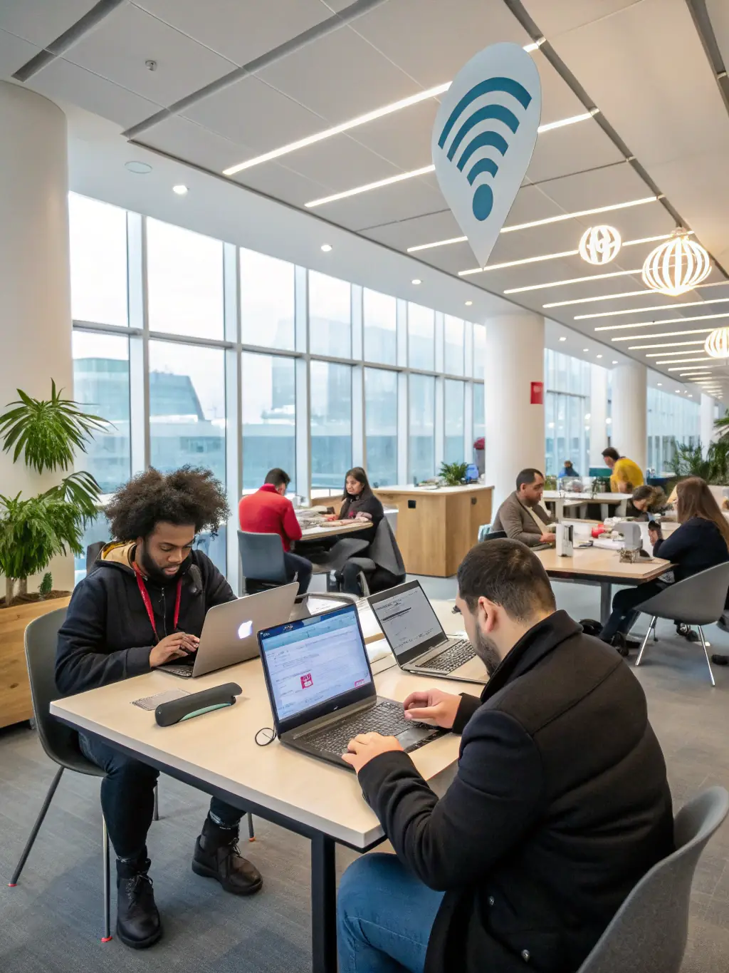 A modern office space with employees working on laptops and collaborating, showcasing the innovative and supportive environment fostered by Starsong Capital.