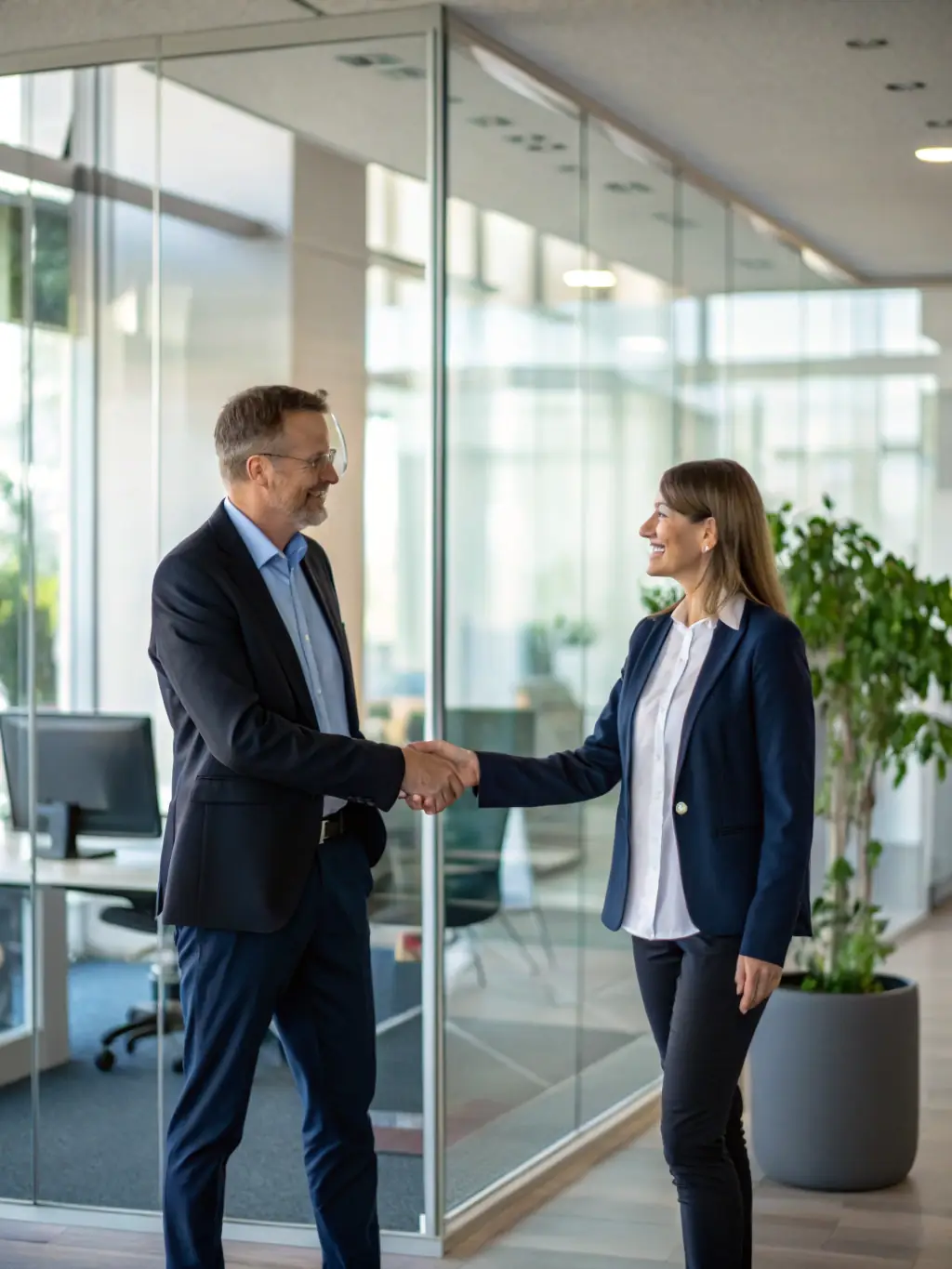 A professional businessman shaking hands with a small business owner in a modern office setting, symbolizing partnership and trust.