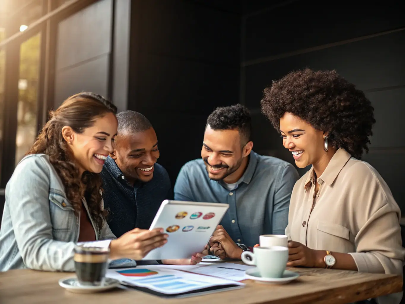 A diverse group of entrepreneurs collaborating in a modern office space, reviewing financial growth charts and celebrating their success with Starsong Capital's funding.
