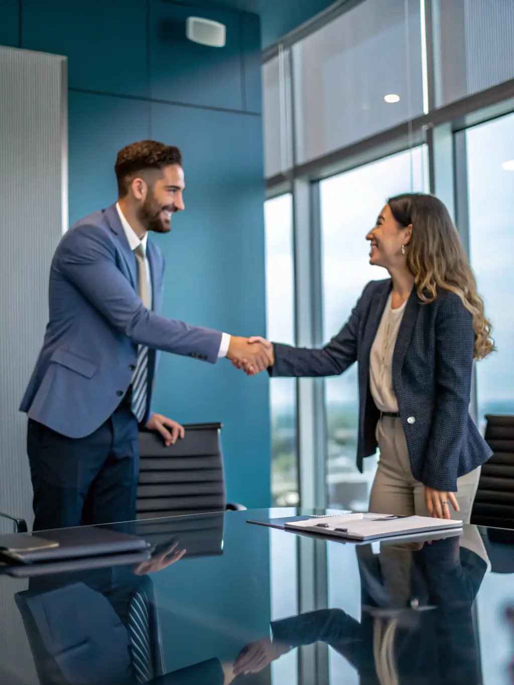 A professional businessman in a suit confidently shaking hands with a businesswoman in a modern office setting, symbolizing a successful funding agreement with Starsong Capital.