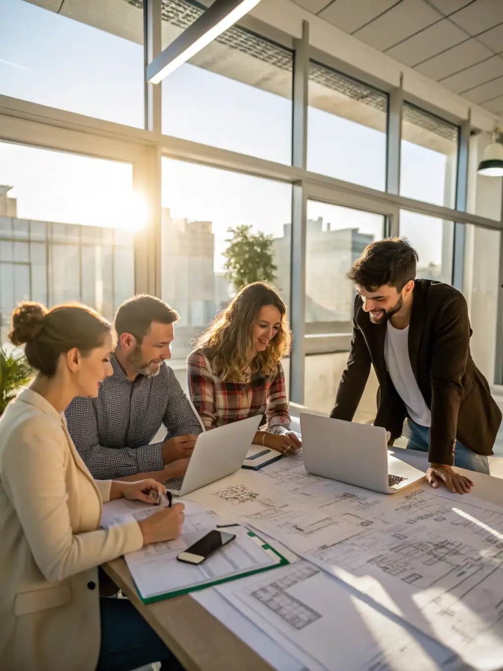 A diverse group of entrepreneurs collaborating around a table, reviewing financial documents and discussing growth strategies, representing the collaborative approach of Starsong Capital.